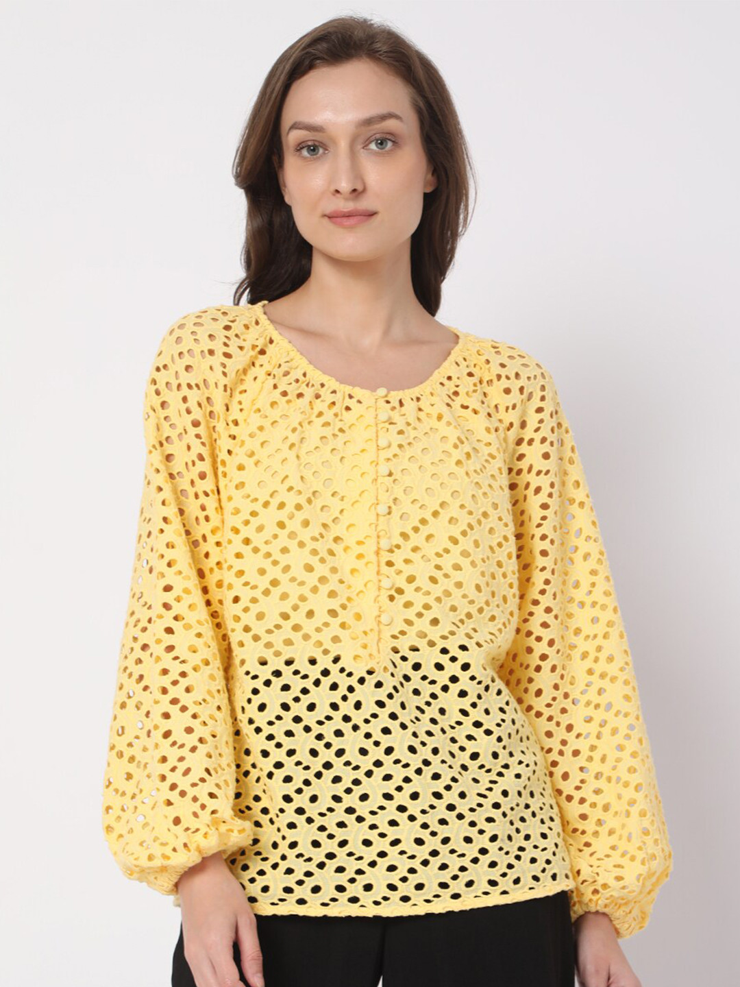 

Vero Moda Women Yellow Self-Design Schiffli Top