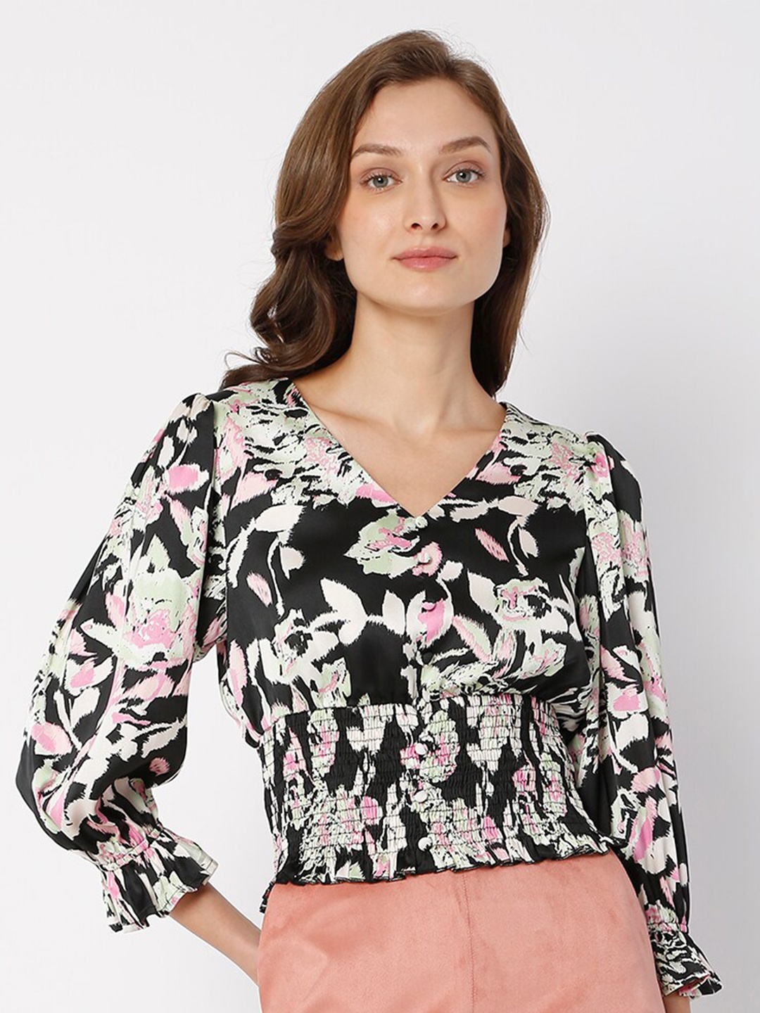 

Vero Moda Women Black Floral Print Shirt Style Top