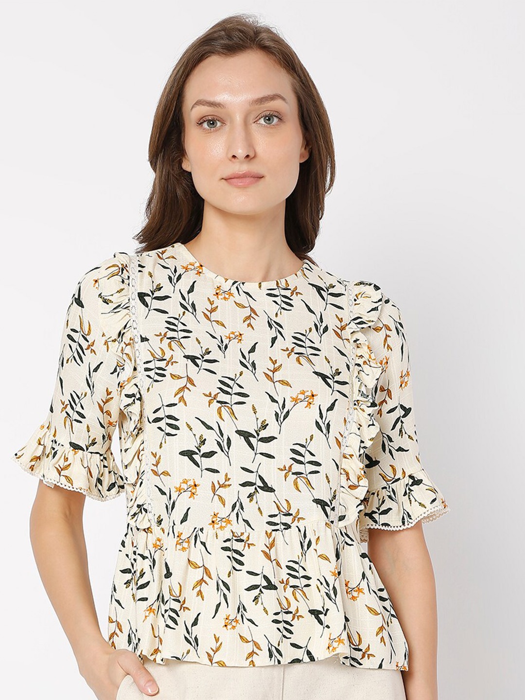 

Vero Moda Women Off White & Yellow Tropical Print Top