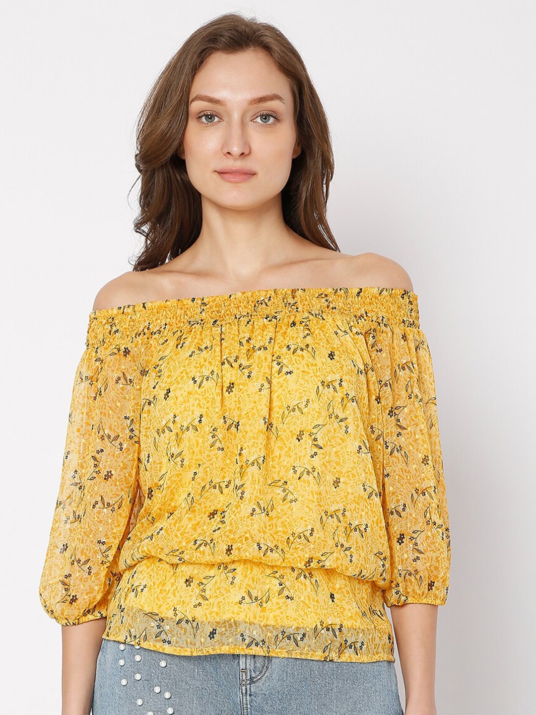 

Vero Moda Women Yellow Floral Print Off-Shoulder Extended Sleeves Top