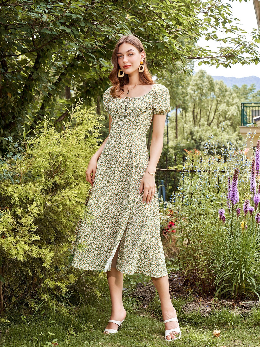 

URBANIC Green Animal Off-Shoulder A-Line Maxi Dress