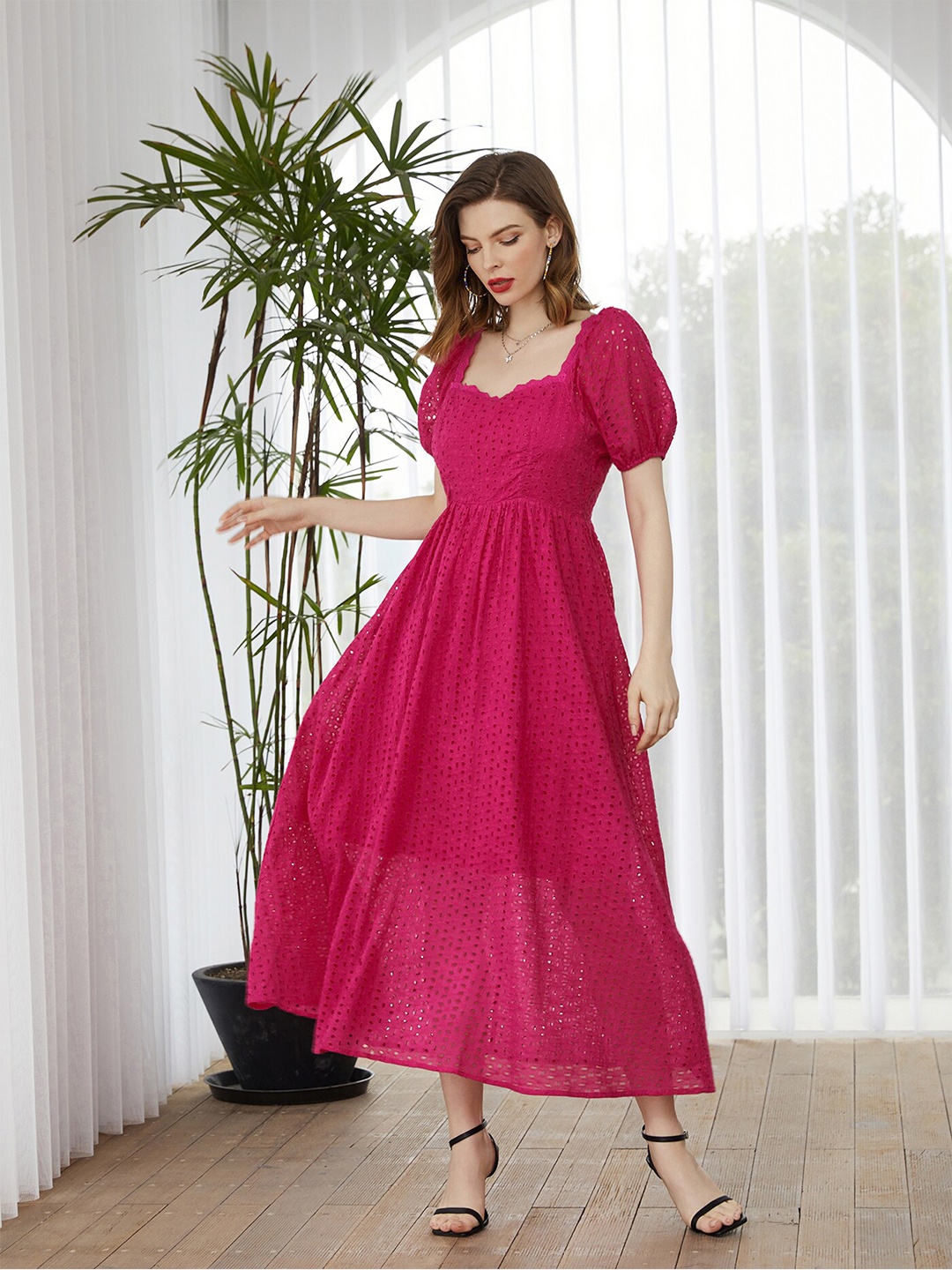 

URBANIC Rose Red Ruffle Fit & Flare Maxi Dress