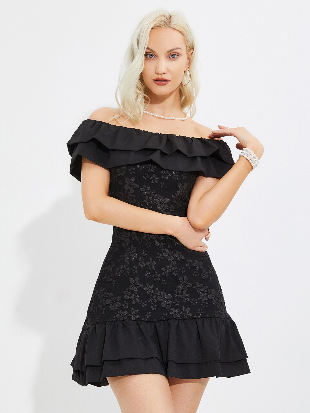 

URBANIC Women Black Off-Shoulder Floral Self Design Mini Dress