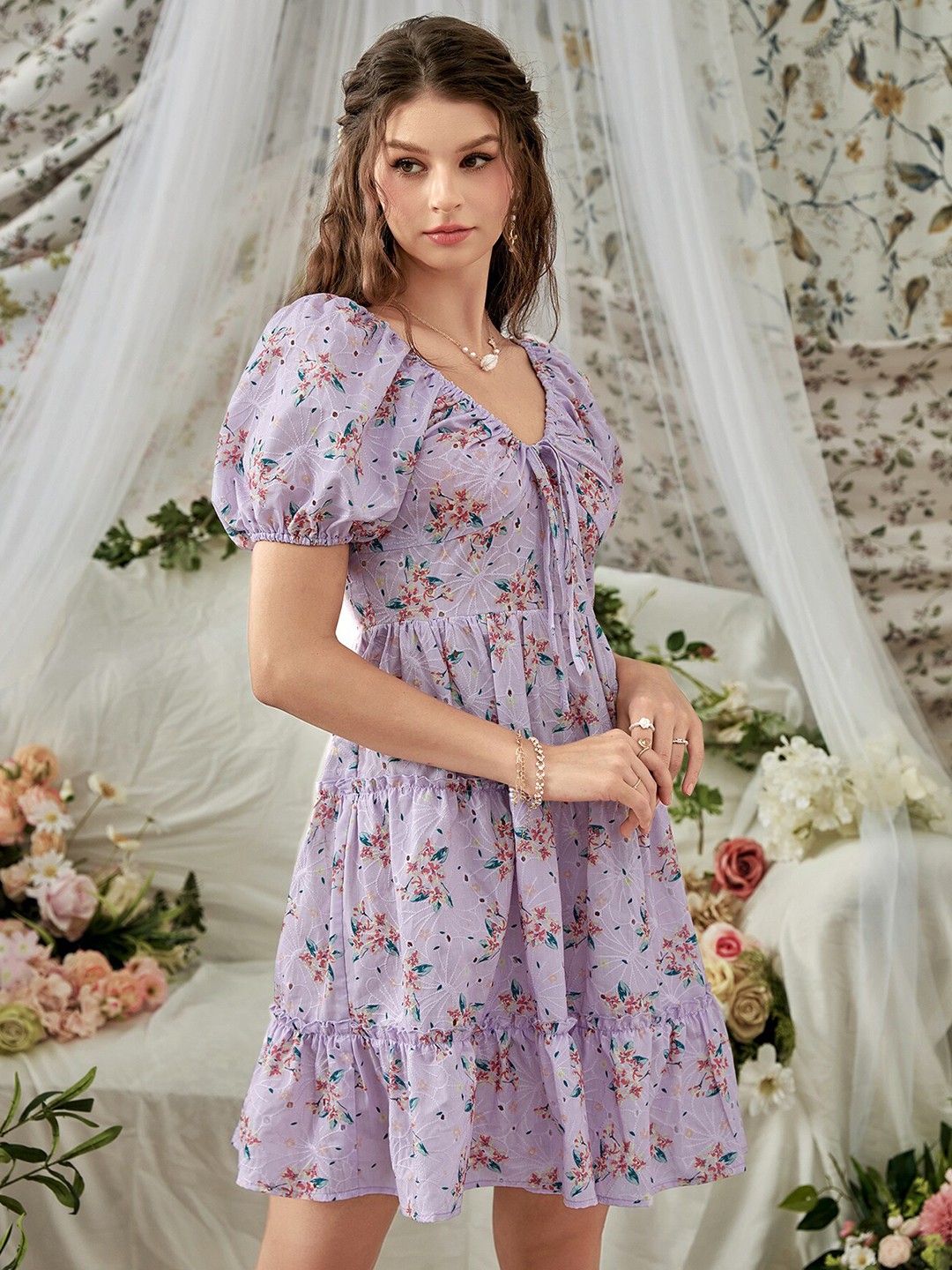 

URBANIC Women Purple Smocked Printed Floral Dress