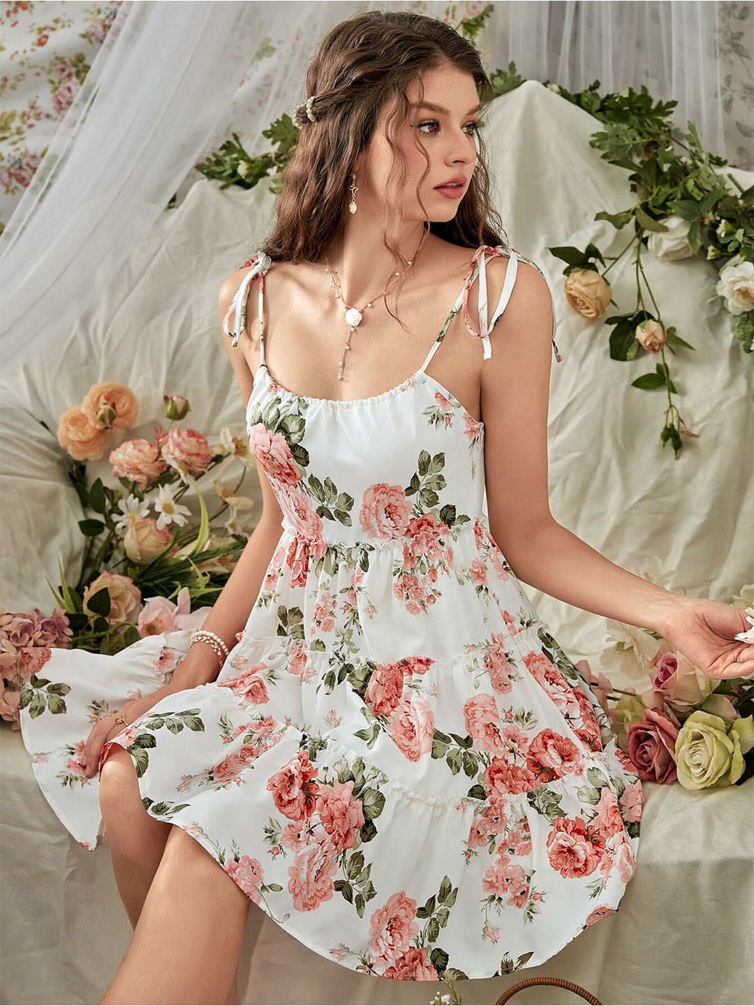 

URBANIC Women White & Pink Floral Dress