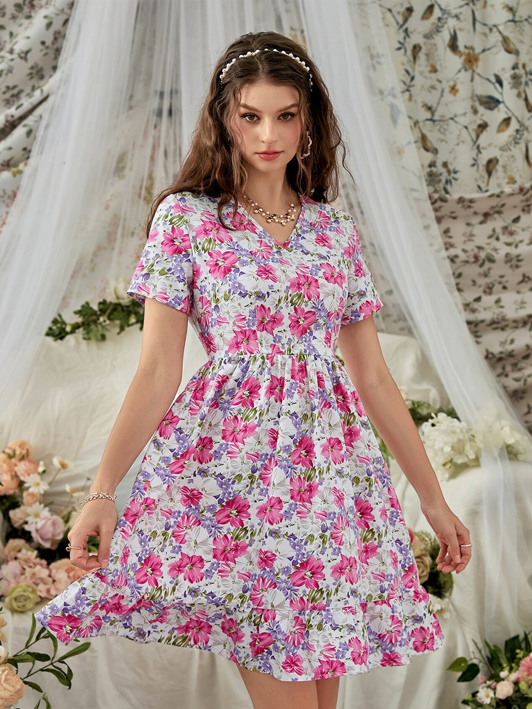 

URBANIC Women Pink Floral Printed Fit & Flare Dress