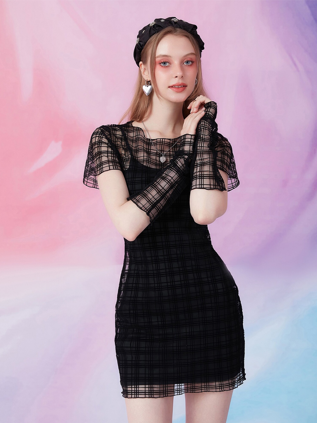 

URBANIC Women Black Checked Bodycon Dress
