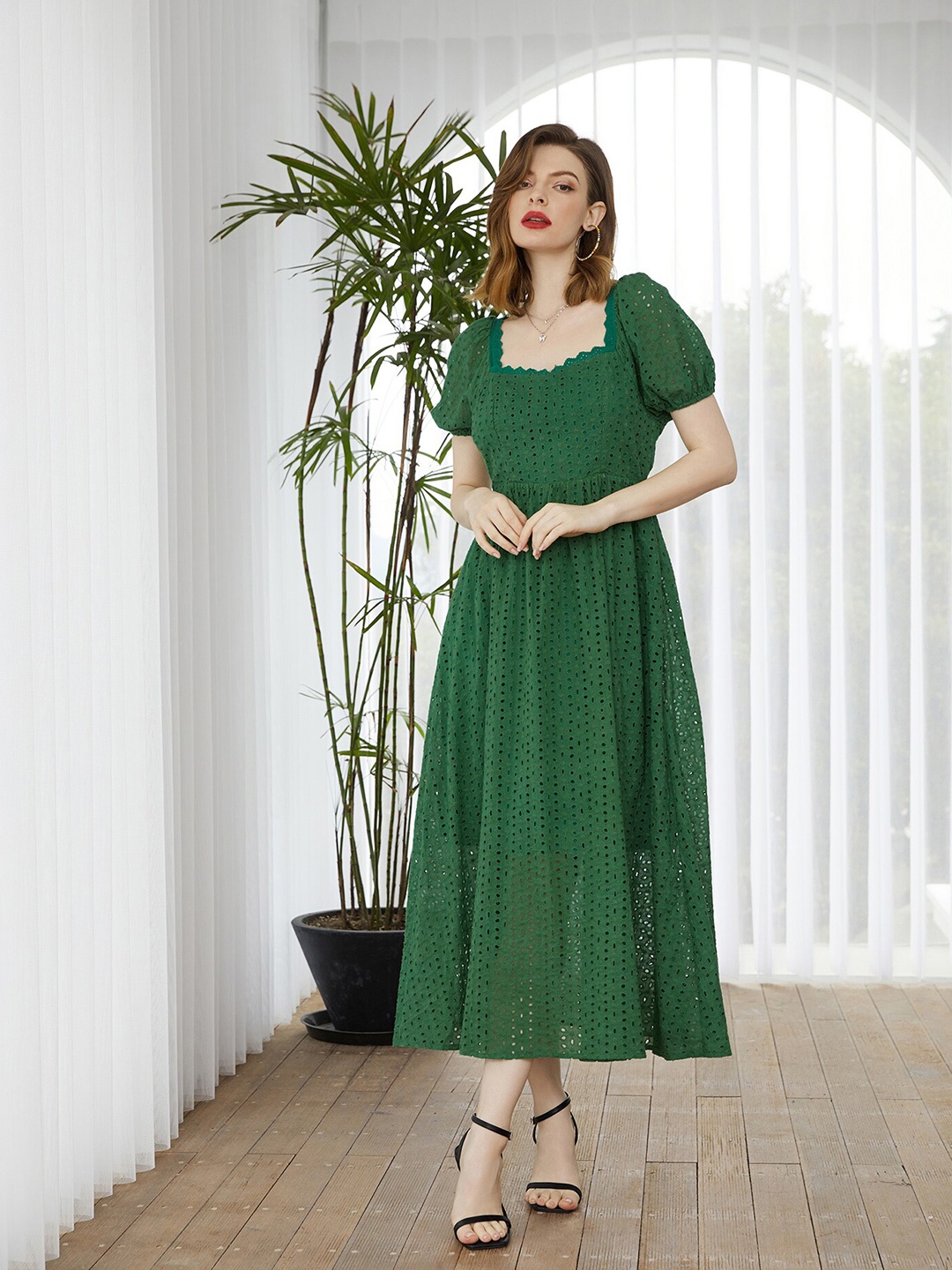 

URBANIC Green Ruffle Pure Cotton Maxi Dress