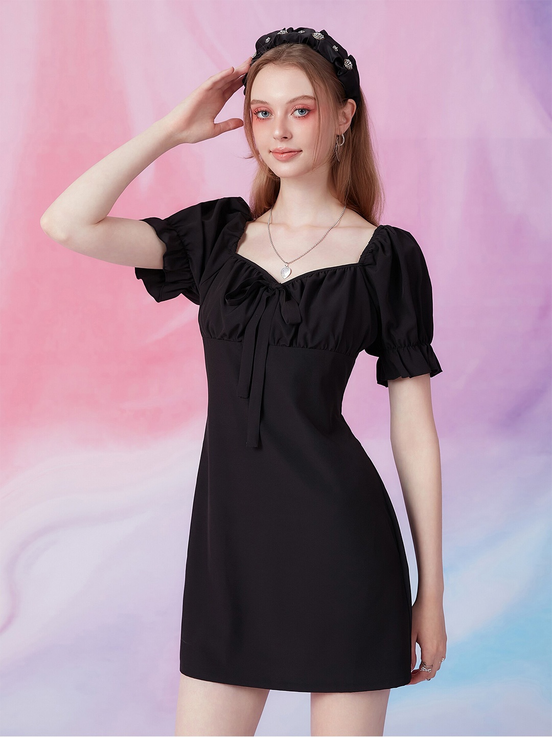 

URBANIC Women Black Puff Sleeve A-Line Dress