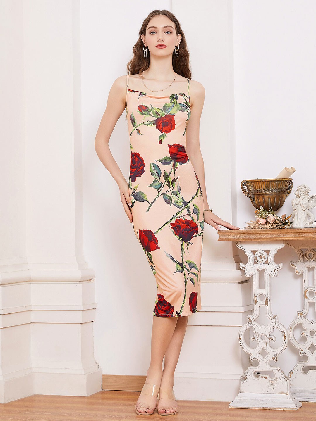 

URBANIC Women Peach-Coloured & Red Floral Bodycon Maxi Dress