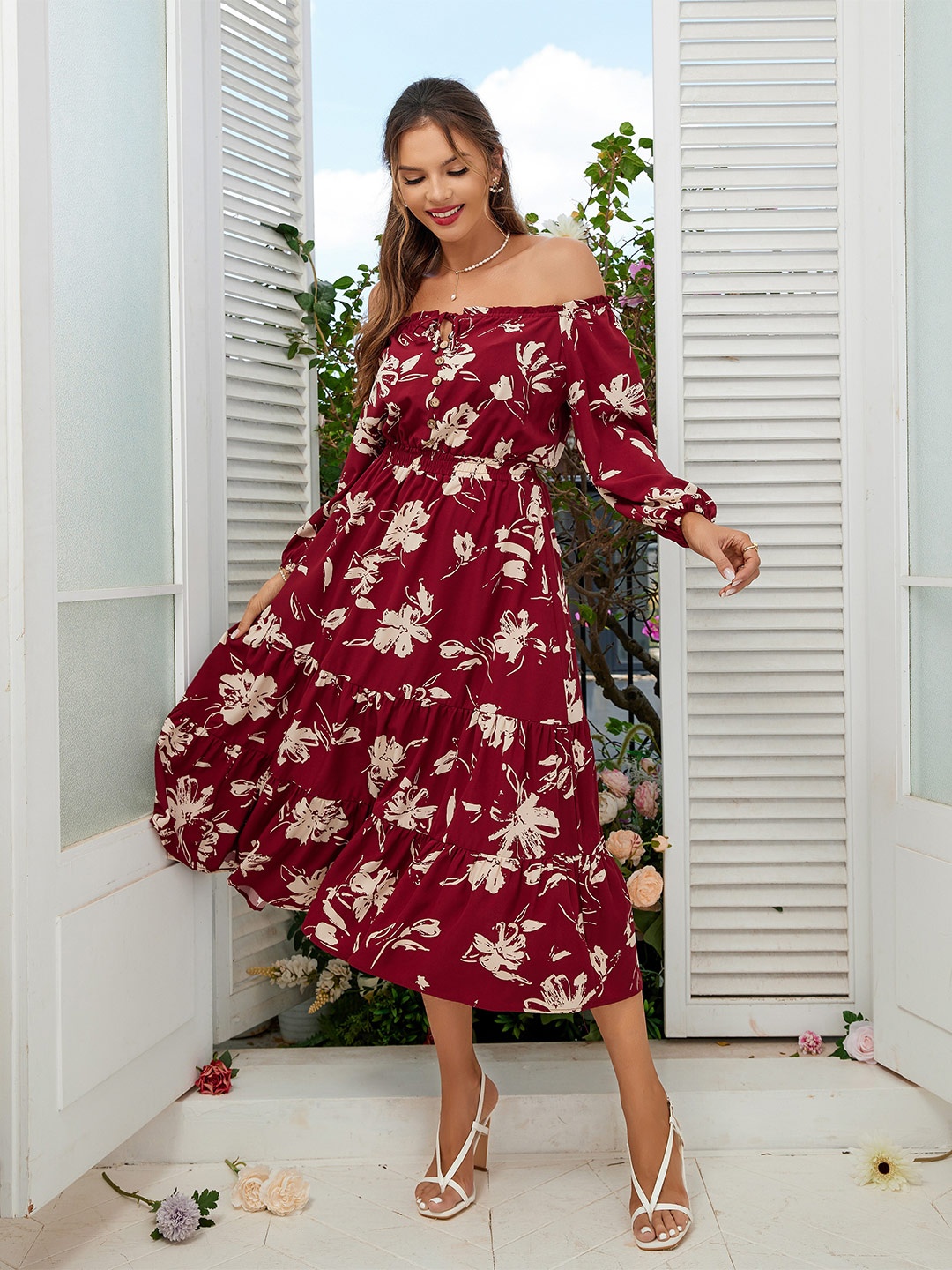 

URBANIC Red & White Floral Off-Shoulder Midi Dress