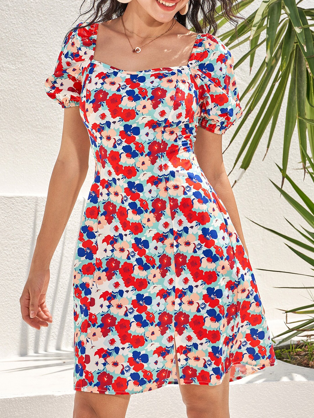 

URBANIC White & Red Floral A-Line Dress