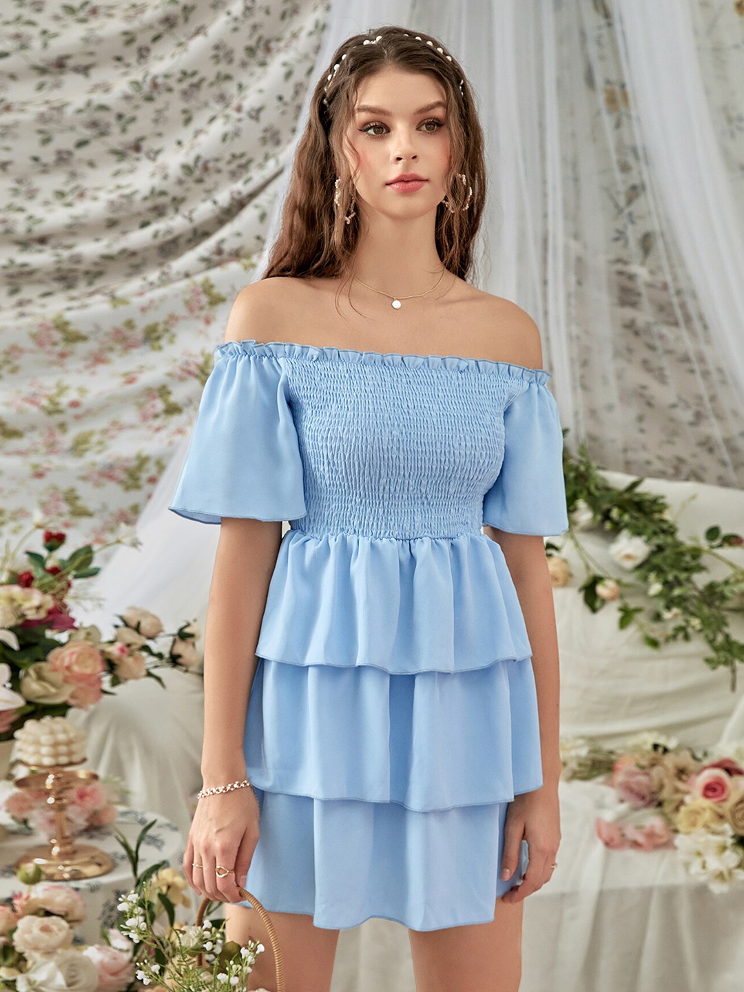 

URBANIC Women Blue Off-Shoulder Ruffle A-Line Dress
