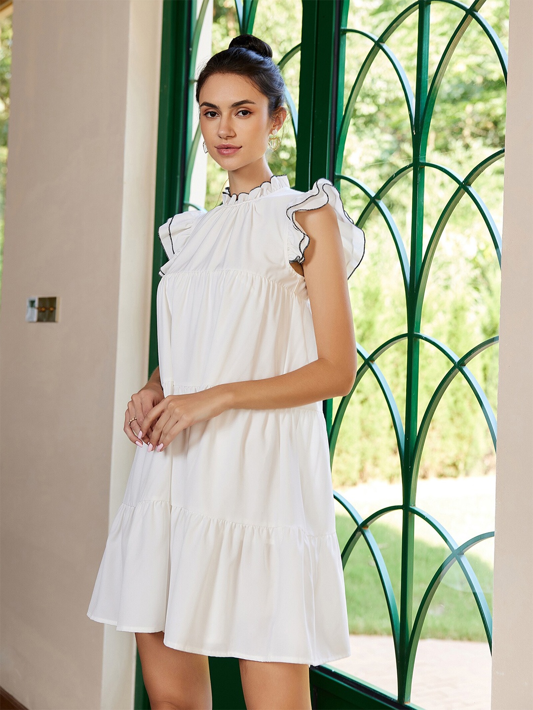 

URBANIC White Ruffled Tiered A-Line Dress