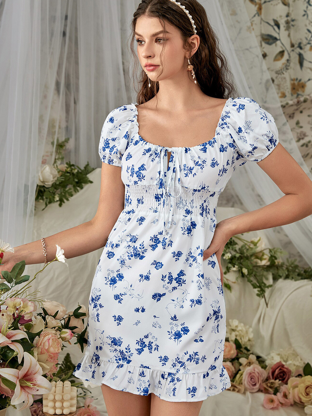 

URBANIC White & Blue Floral Dress