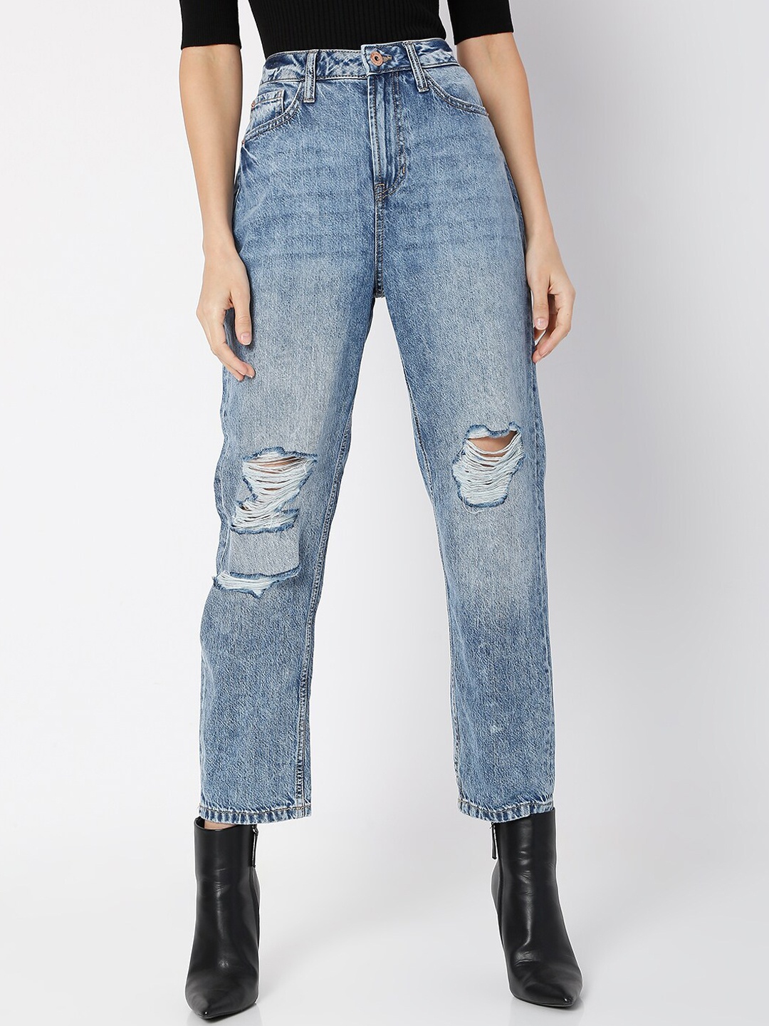 

Vero Moda Women Light Blue High-Rise Highly Distressed Stretchable Jeans