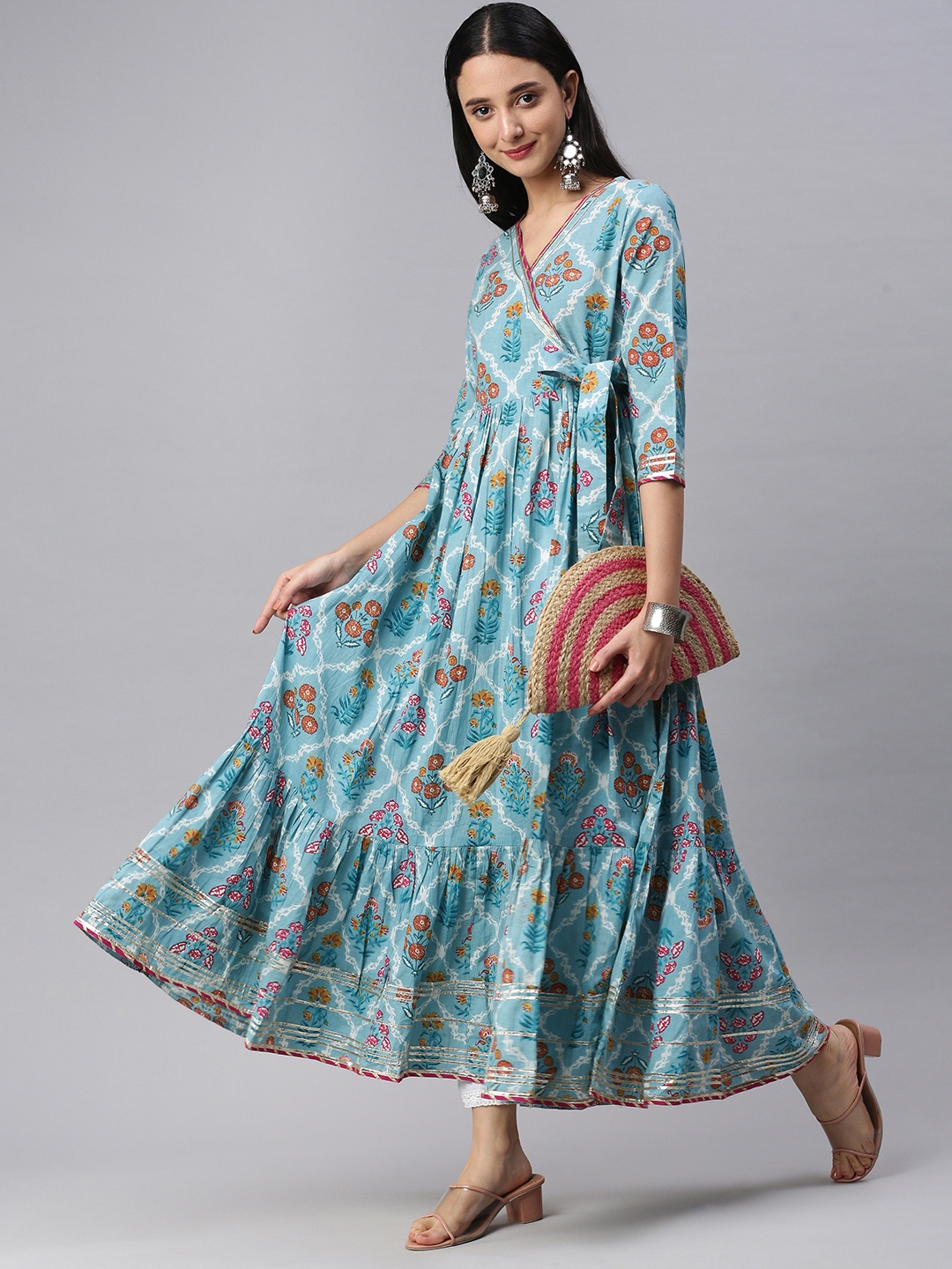 

KALINI Women Turquoise Blue Floral Printed Gotta Patti Cotton Anarkali Kurta