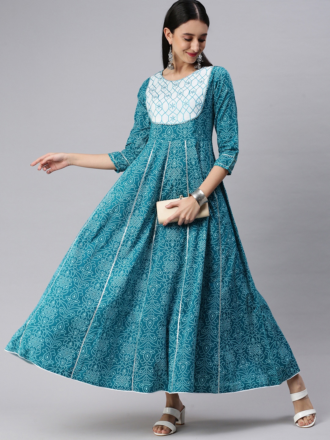 

KALINI Women Teal Bandhani Printed Gotta Patti Cotton Anarkali Kurta