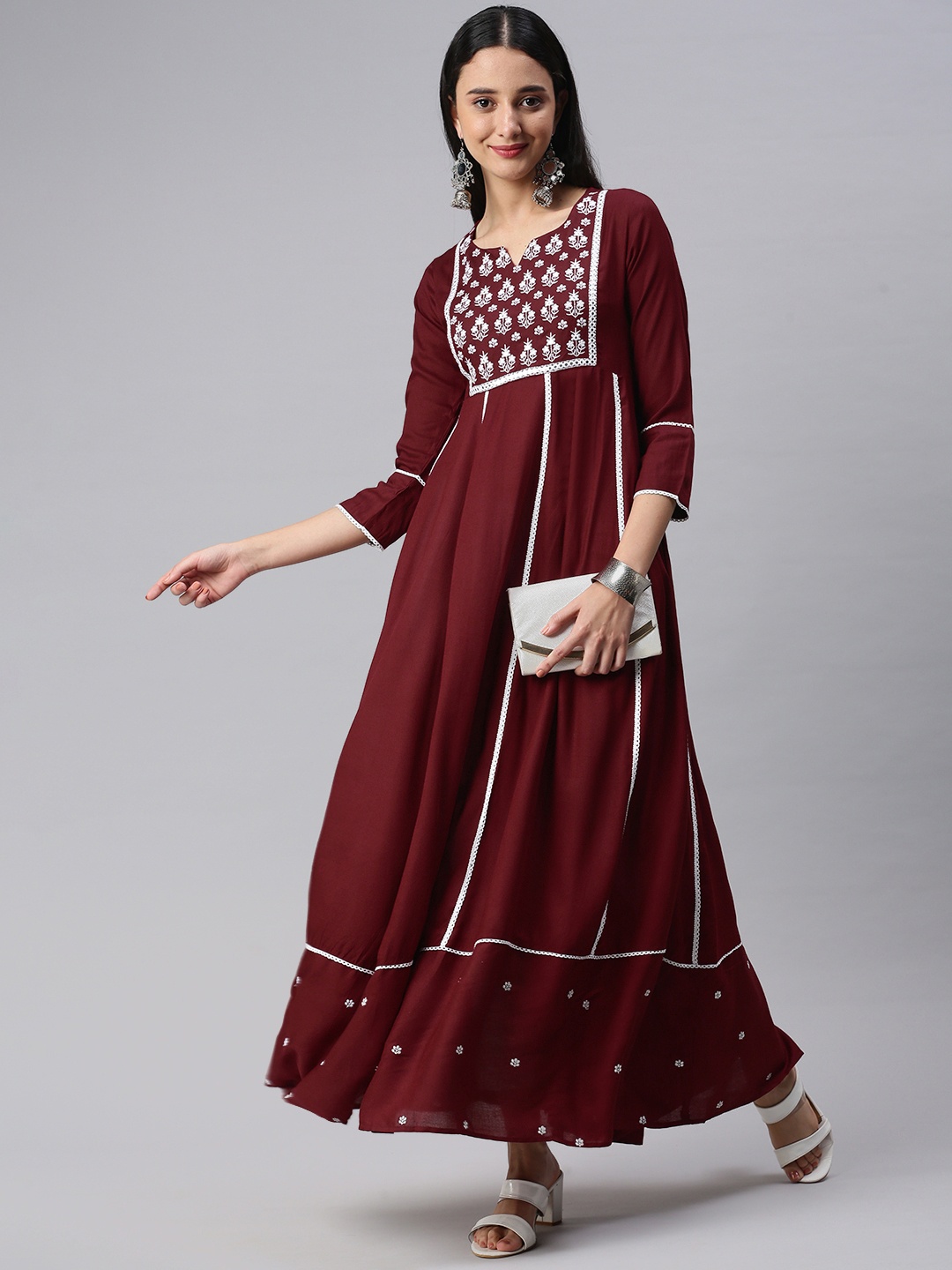 

KALINI Women Maroon Floral Yoke Design Mirror Work Anarkali Kurta