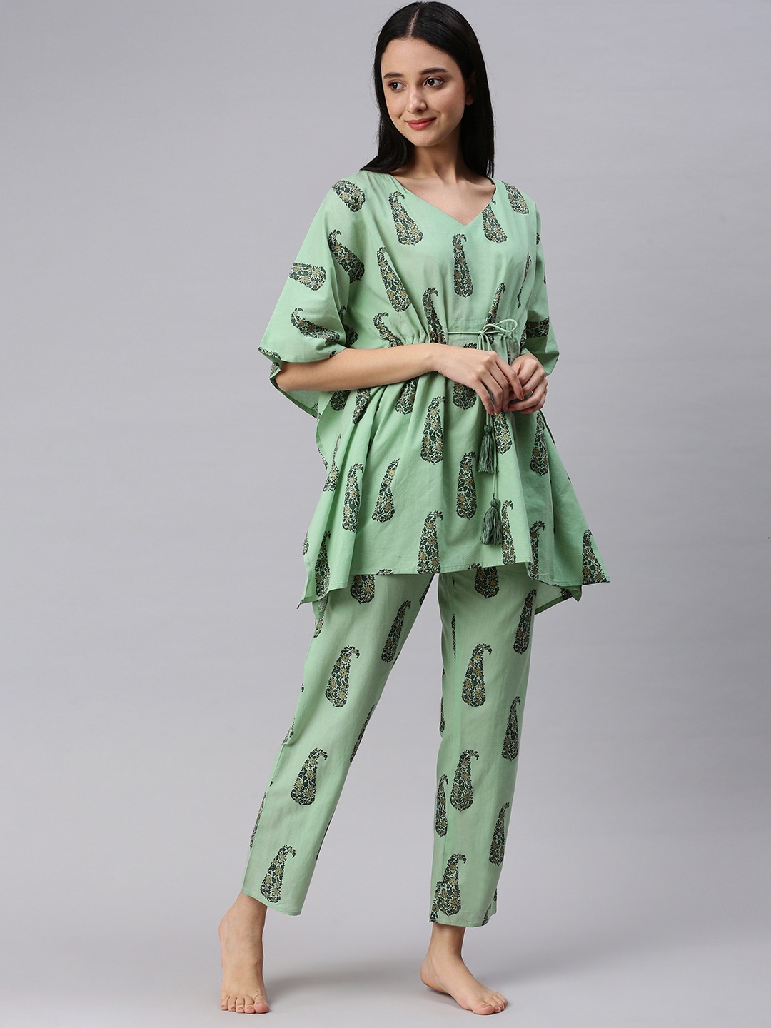 

KALINI Women Cotton Paisley Print Kaftan Night Suit, Green