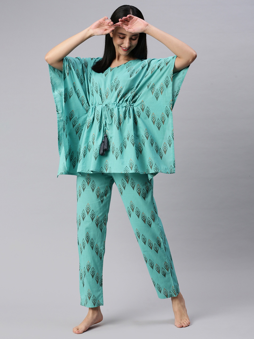 

KALINI Women Cotton Ikat Print Kaftan Night suit, Turquoise blue
