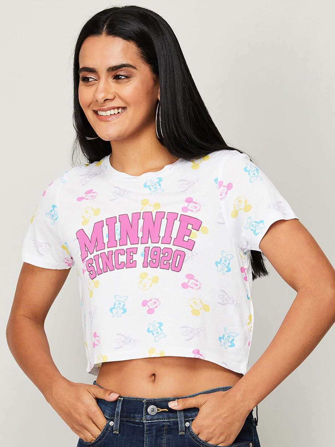 

Ginger by Lifestyle Women White & Pink Minnie Mouse Printed T-shirt