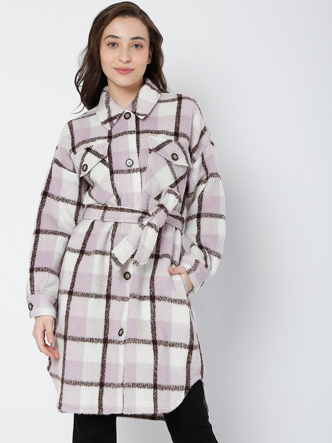 

Vero Moda Women Purple Checked Knee-Length Overcoat
