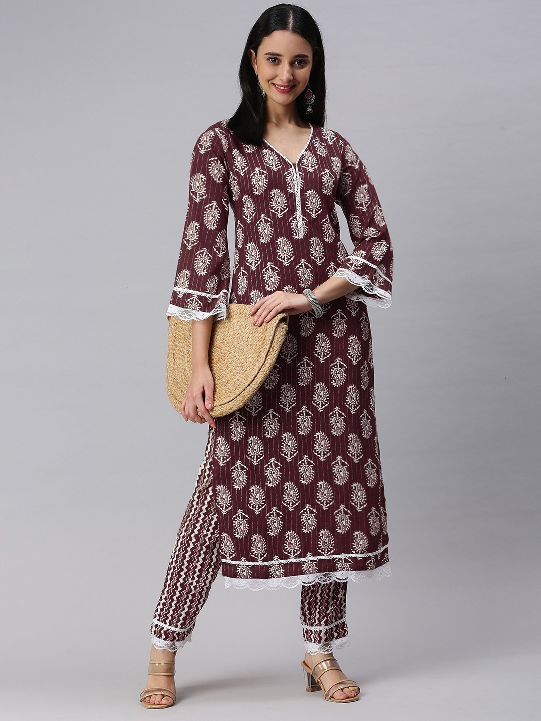 

KALINI Women Maroon Ethnic Motifs Printed Kurta with Trousers