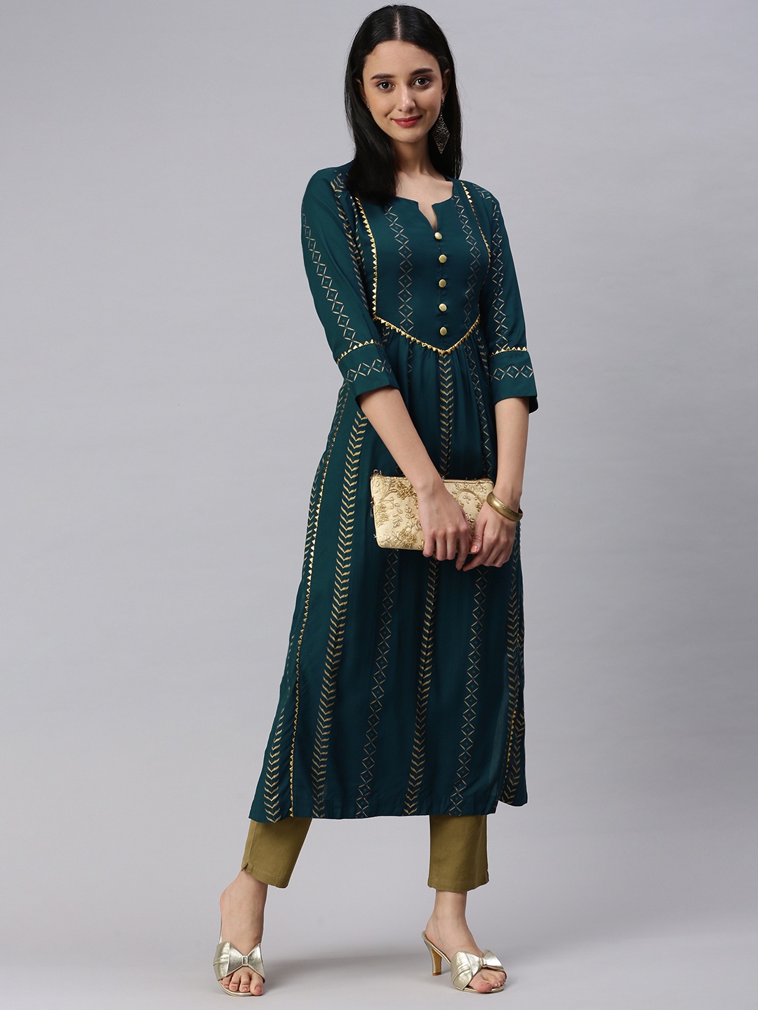 

KALINI Women Teal Printed Gotta Patti Kurta with Trousers