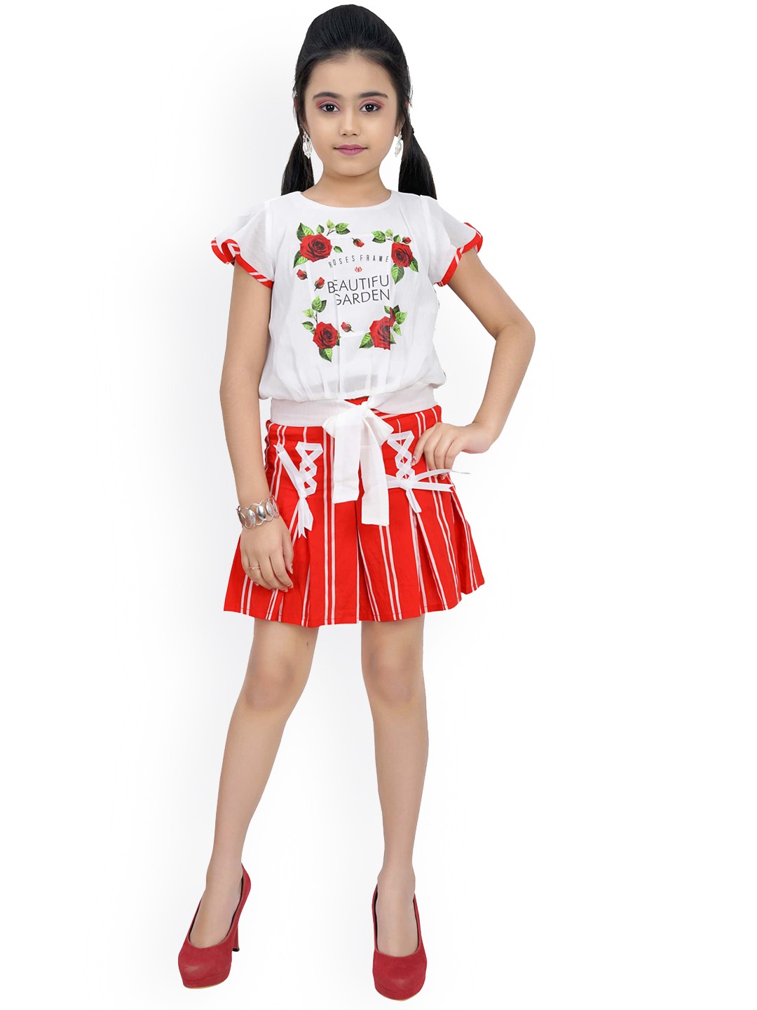 

Tiny Girl Girls Red & White Printed Cotton Top with Skirt