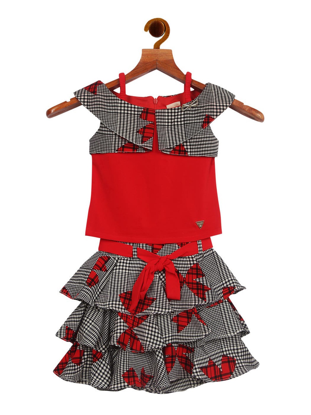 

Tiny Girl Girls Red & Black Printed Cotton Top with Skirt