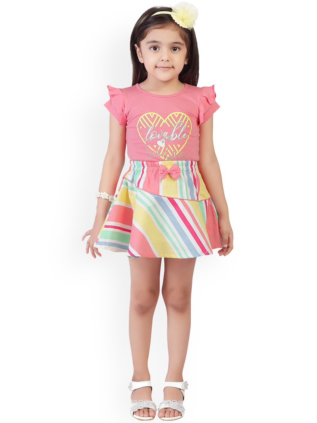 

Tiny Girl Girls Peach-Coloured & Yellow Printed Cotton Top with Skirt