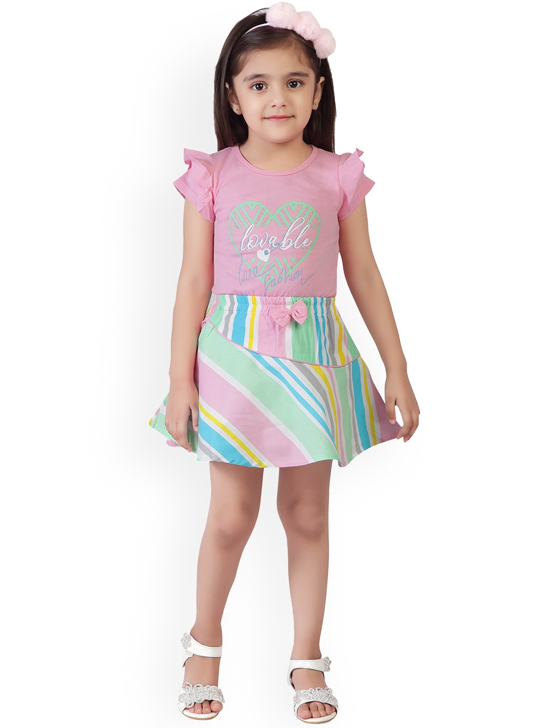 

Tiny Girl Girls Pink & Green Printed Cotton Top with Skirt