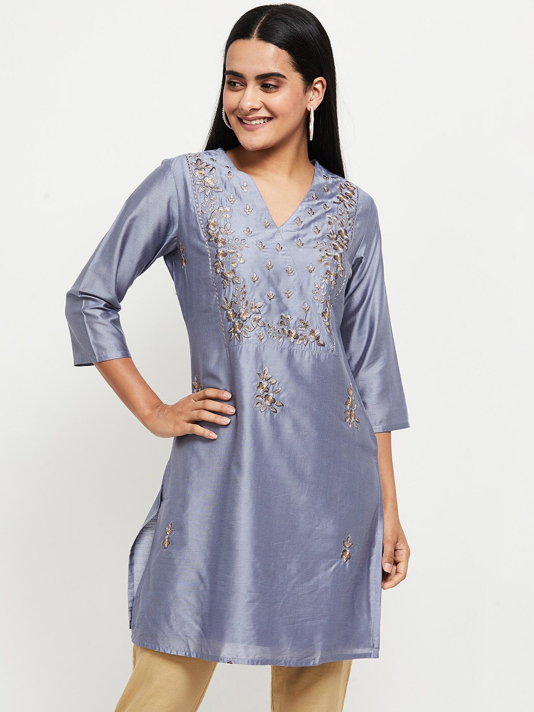

max Blue Floral Yoke Design V-Neck Kurti