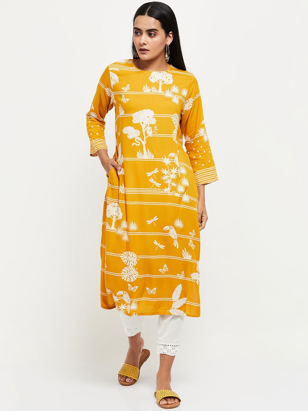 

max Women Mustard Yellow & White Floral Printed Kurta