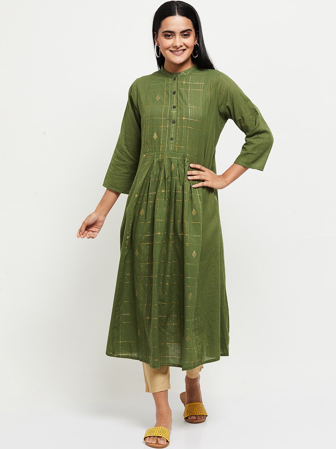 

max Women Olive Green Checked Kurta