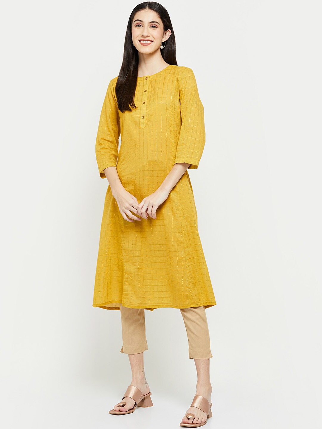 

max Women Yellow Checked A-Line Kurta