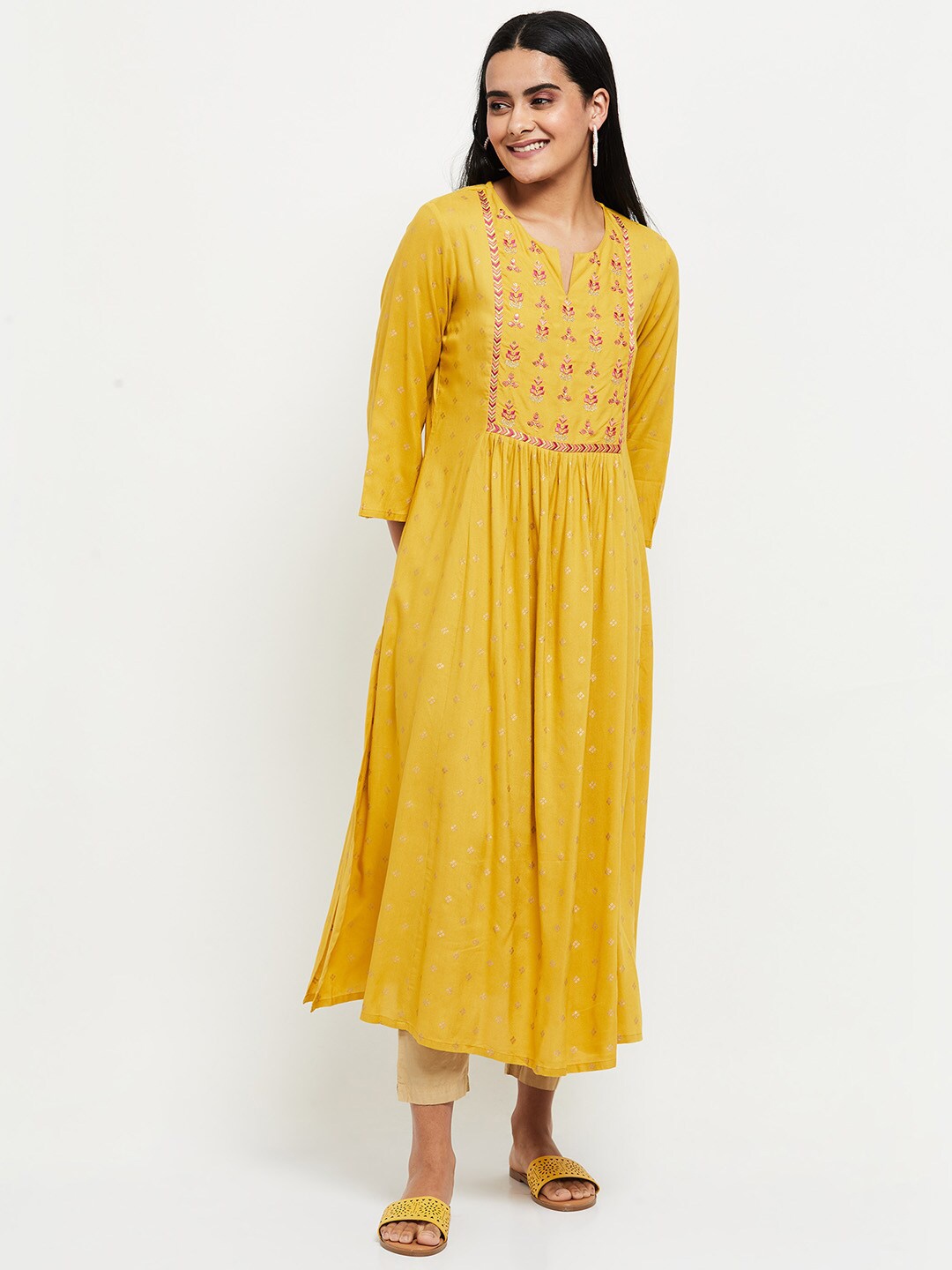 

max Women Mustard Yellow Yoke Design Anarkali Kurta