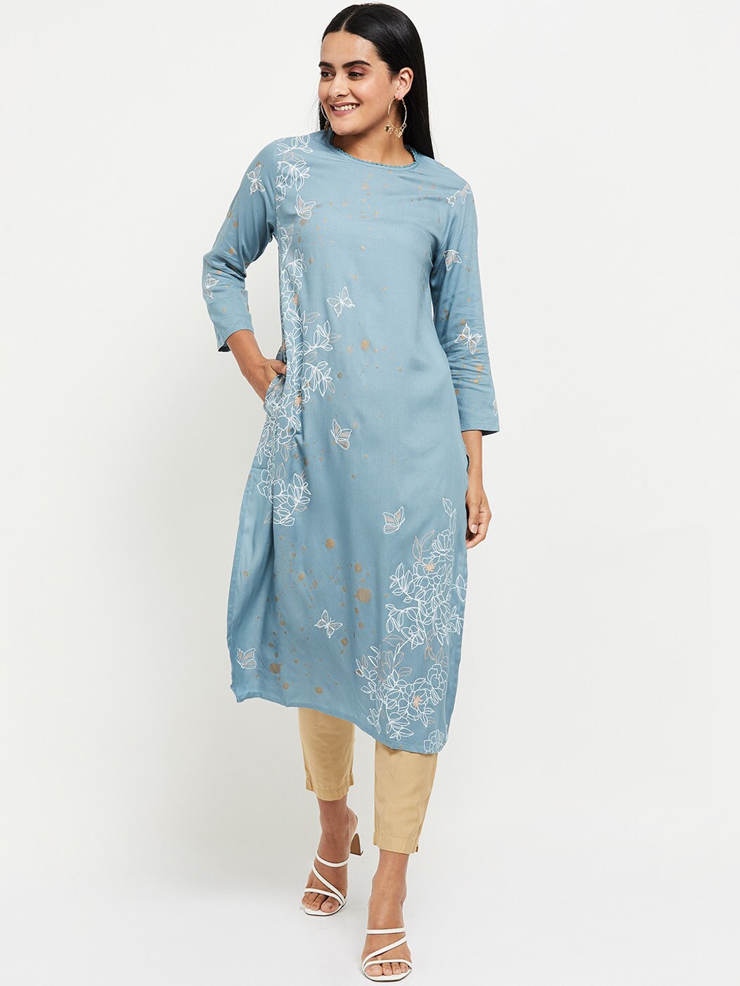 

max Women Blue Floral Printed Kurta