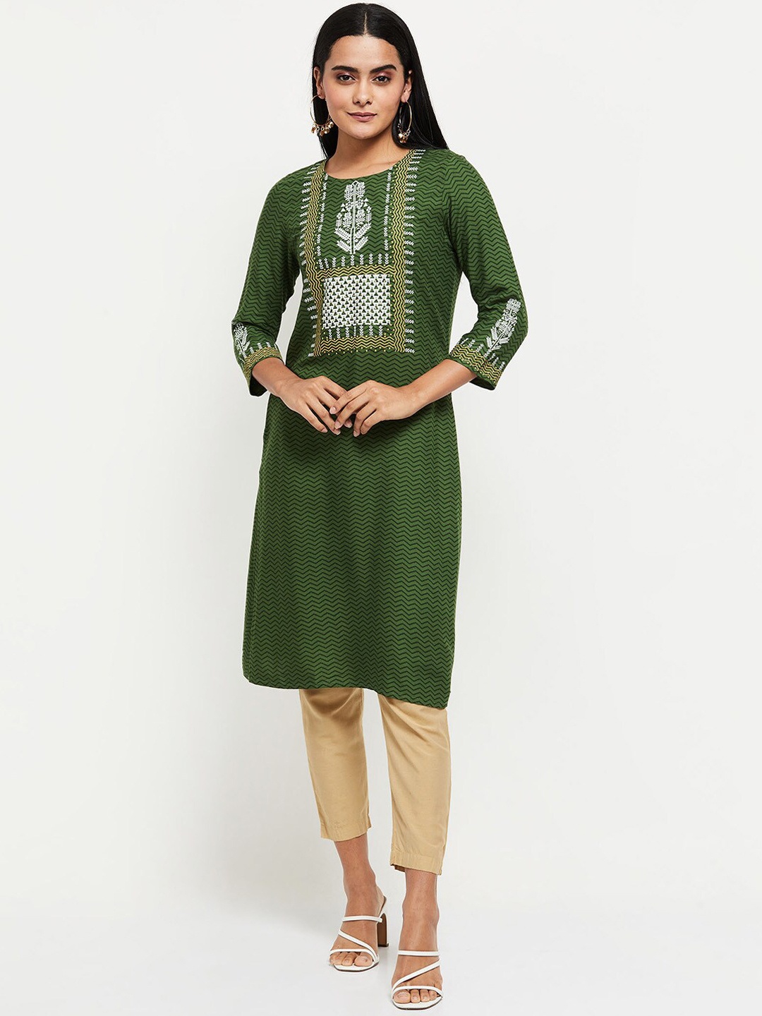 

max Women Olive Green Geometric Yoke Design Kurta