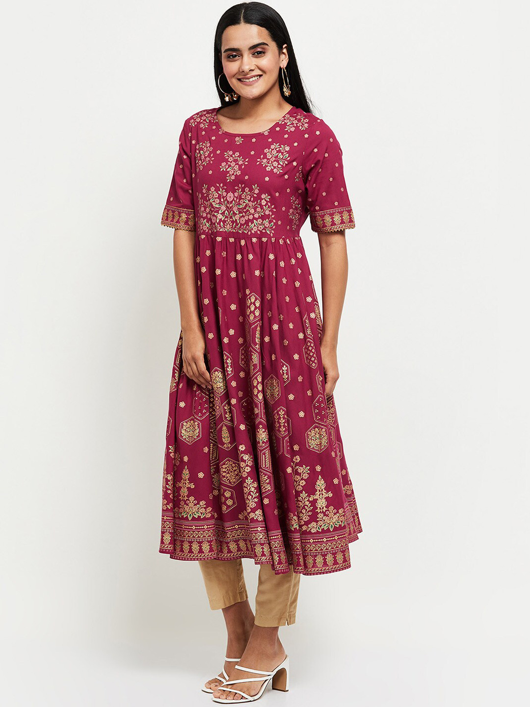 

max Women Maroon Floral Printed Anarkali Kurta