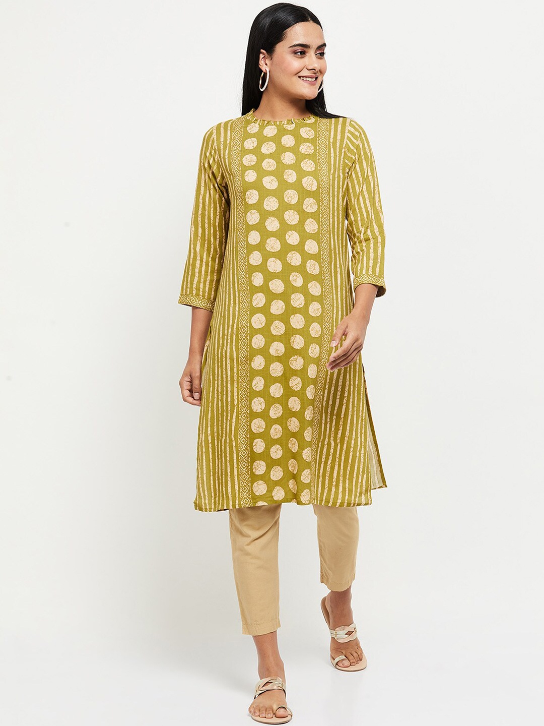 

max Women Green Striped Block Print Kurta