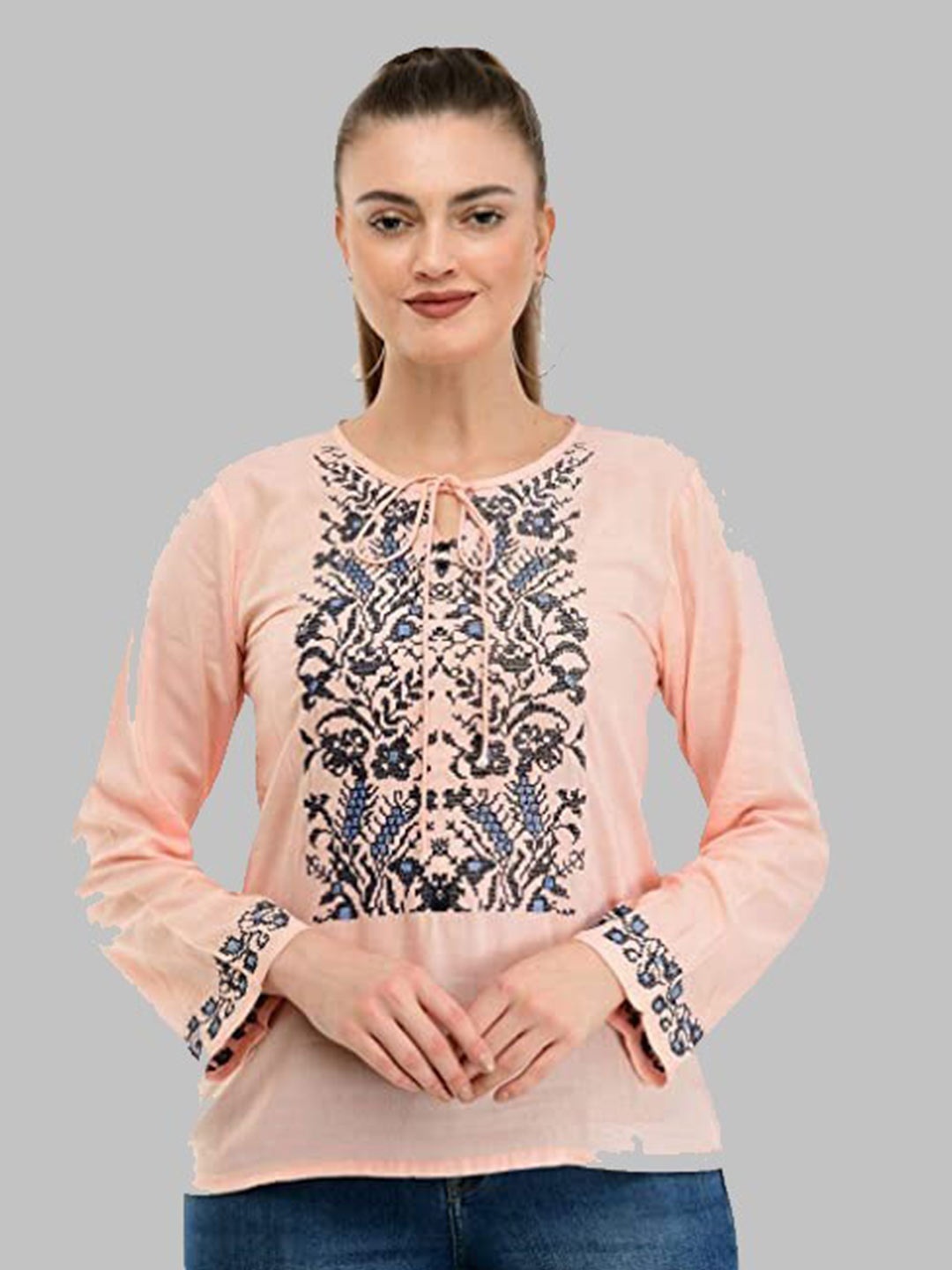 

TAARAA Women Peach-Coloured Floral Print Tie-Up Neck Top