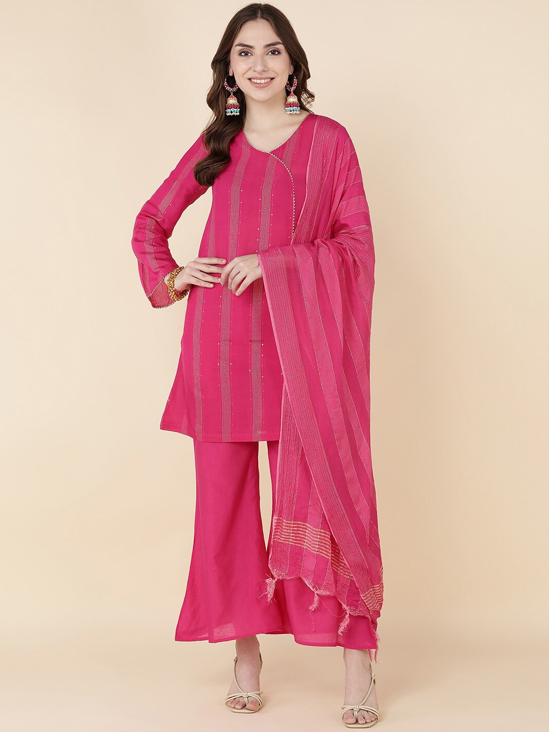 

Sangria Women Pink Angrakha Sequinned Chanderi Cotton Kurta with Trousers & With Dupatta