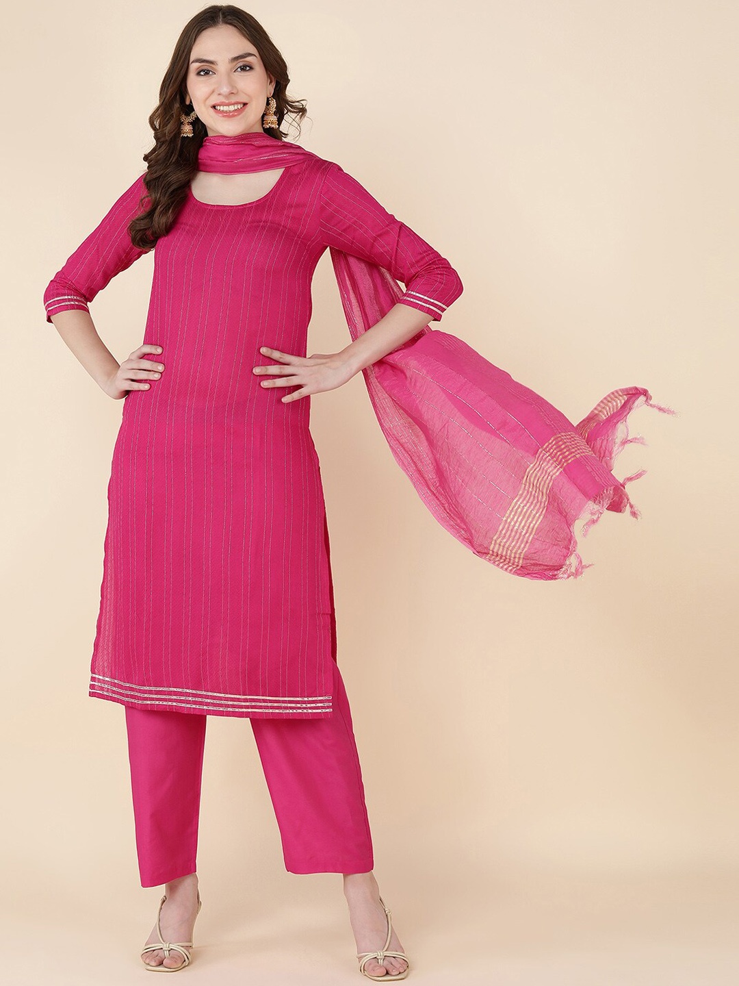 

Sangria Women Pink Gotta Patti Chanderi Cotton Kurta with Trousers & With Dupatta