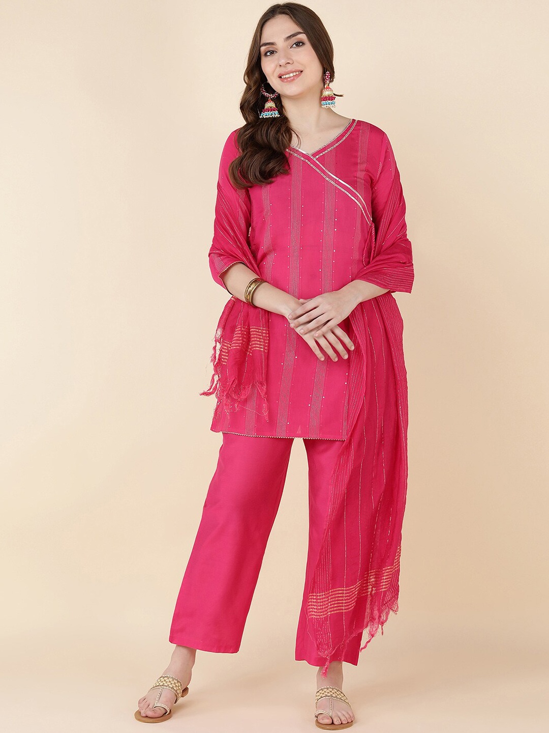 

Sangria Women Pink Solid Kurta With Pants & Duppata