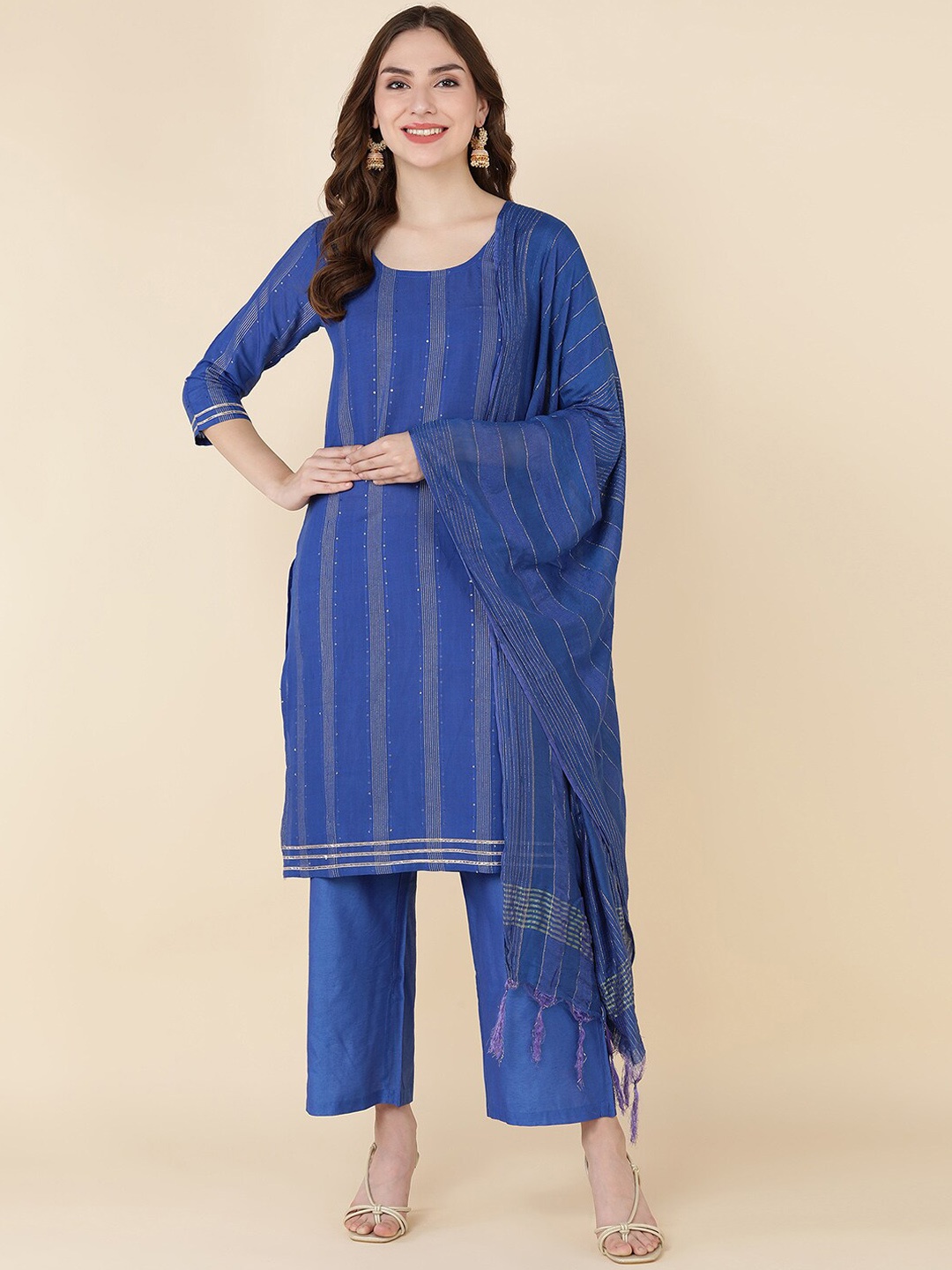 

Sangria Women Blue Sequinned Chanderi Cotton Kurti With Trousers & Dupatta