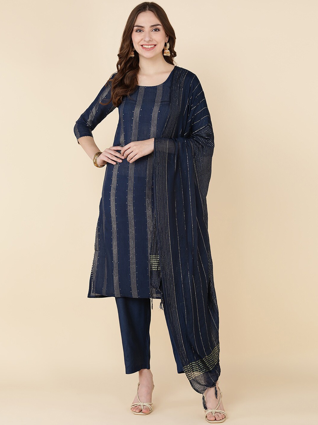 

Sangria Women Blue Solid Kurta With Pants & Dupatta