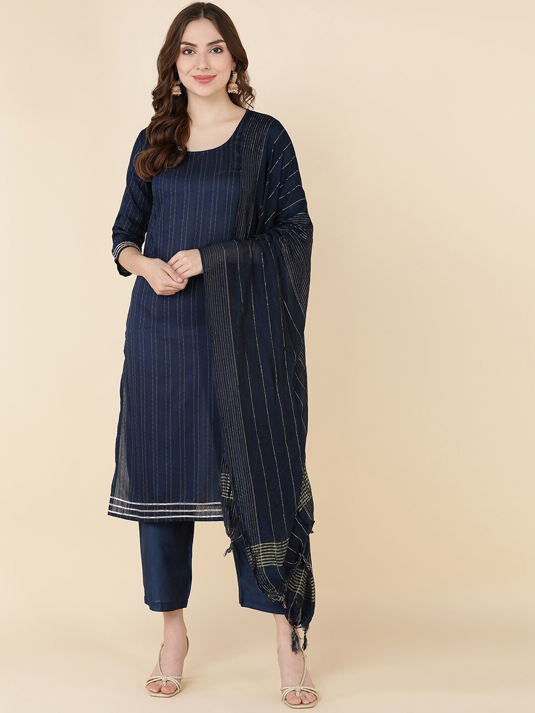 

Sangria Women Blue Solid Kurta With Pants & Dupatta