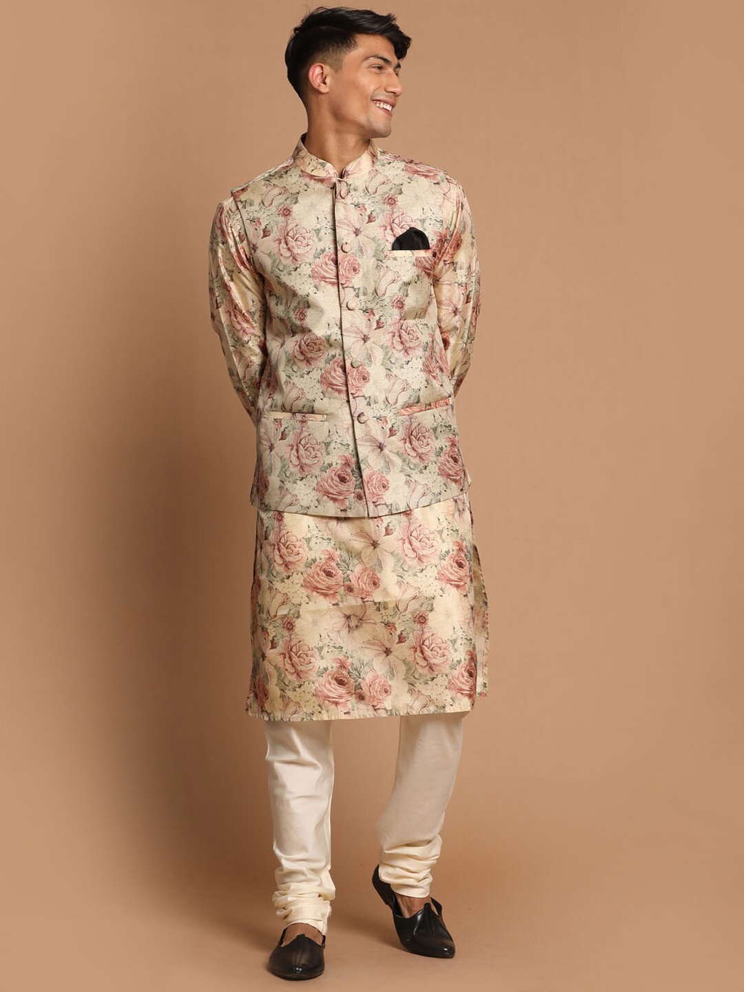 

VASTRAMAY Men Beige Printed Kurta with Pyjamas & Nehru Jacket